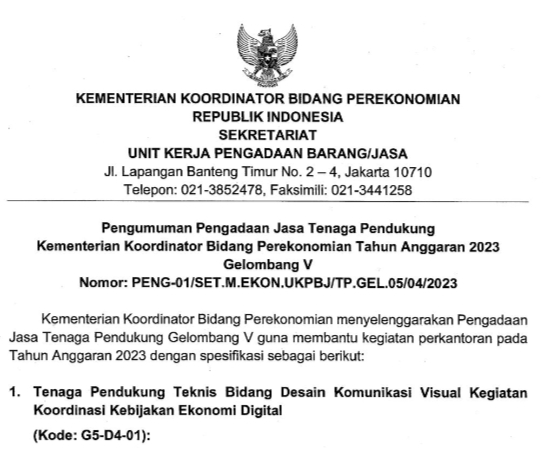 Lowongan Kerja di Kemenko Perekonomian Sebagai Tenaga Pendukung, Catat Syarat dan Cara Daftarnya